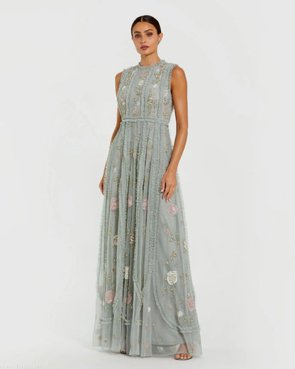 Floral Mesh Sleeveless A Line Micro Ruffle Gown