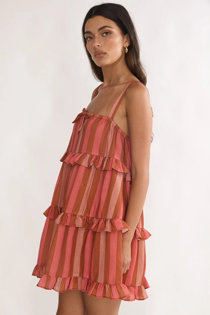 Lyndara Frill Trim Mini Dress Stripe Peach