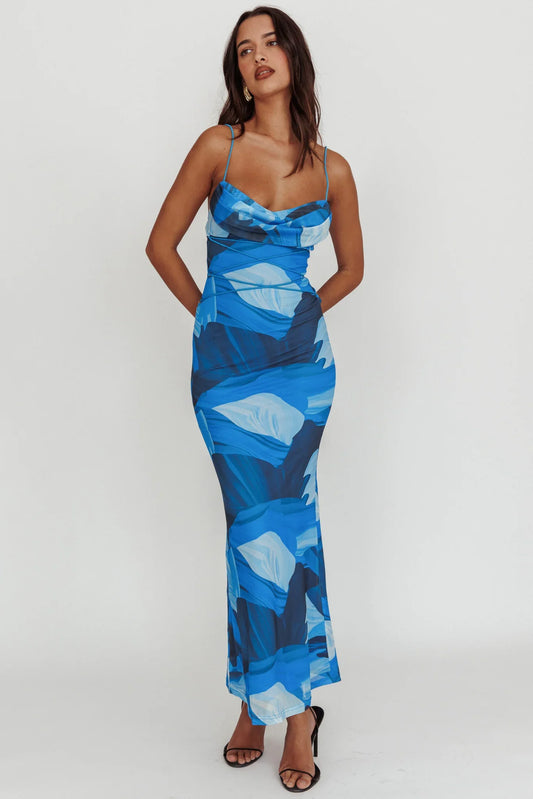 Teava Laced Waist Maxi Dress Abstract Blue