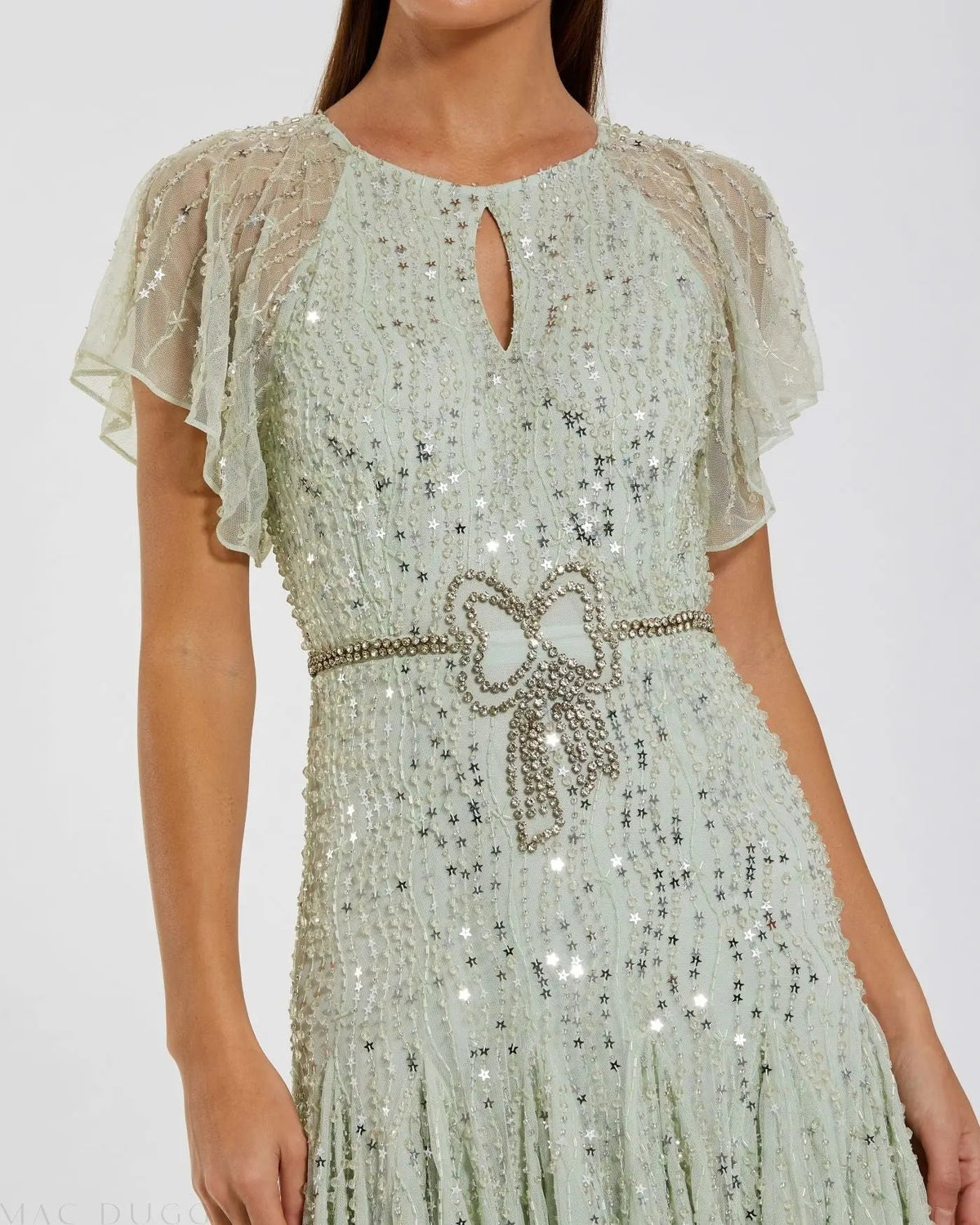 Green Embellished Bow Flutter Sleeve A Line Midi Dress