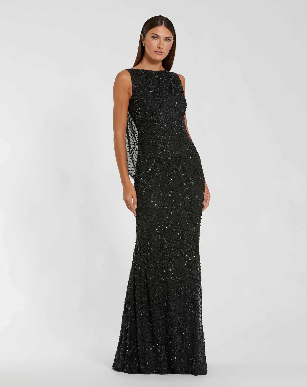 Black Beaded Open Back Column Gown
