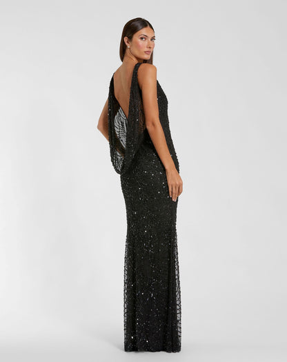 Black Beaded Open Back Column Gown