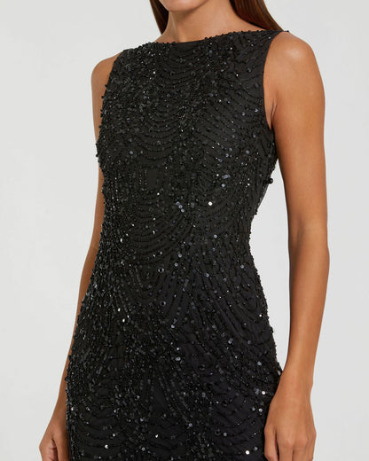 Black Beaded Open Back Column Gown
