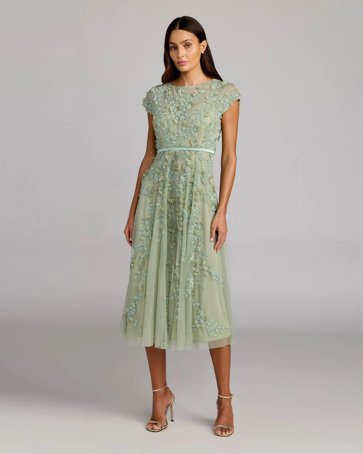 Floral Embellished Cap Sleeve Midi Dress