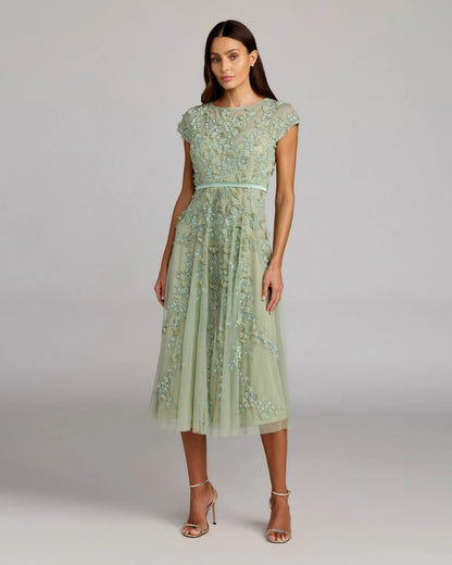 Floral Embellished Cap Sleeve Midi Dress