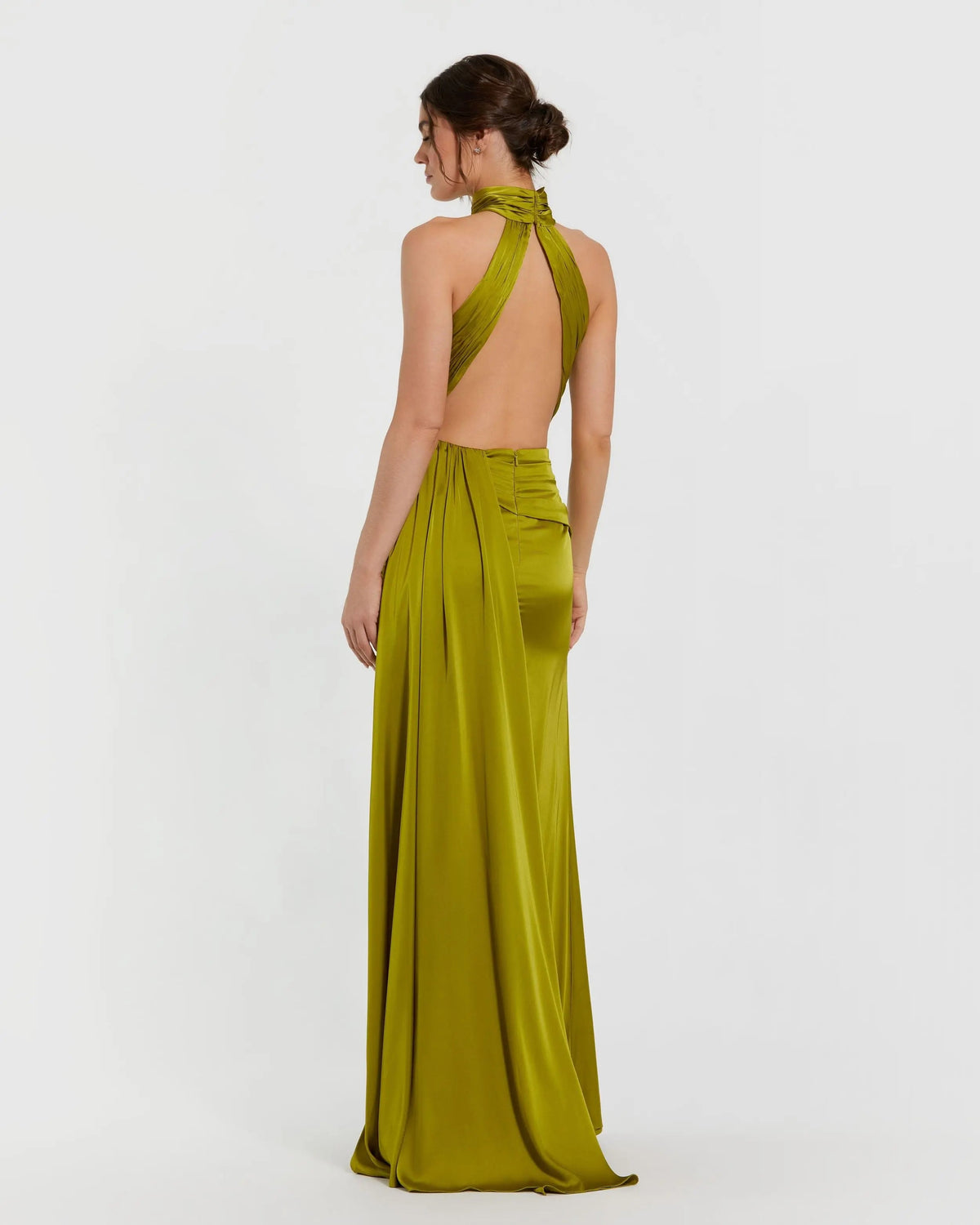 Petite Green Open Back High Neck Side Ruched Gown