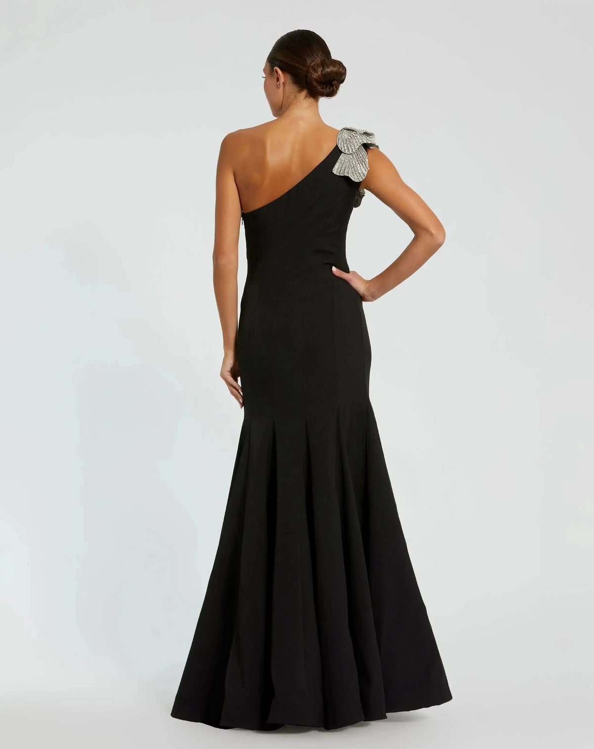 Petite Black Crepe One Shoulder Mermaid Gown With Flower