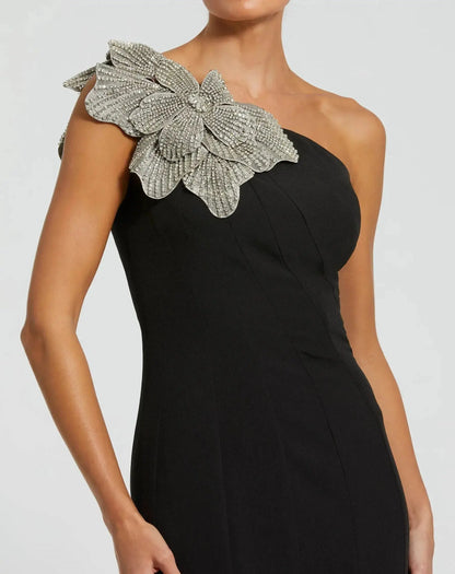 Petite Black Crepe One Shoulder Mermaid Gown With Flower