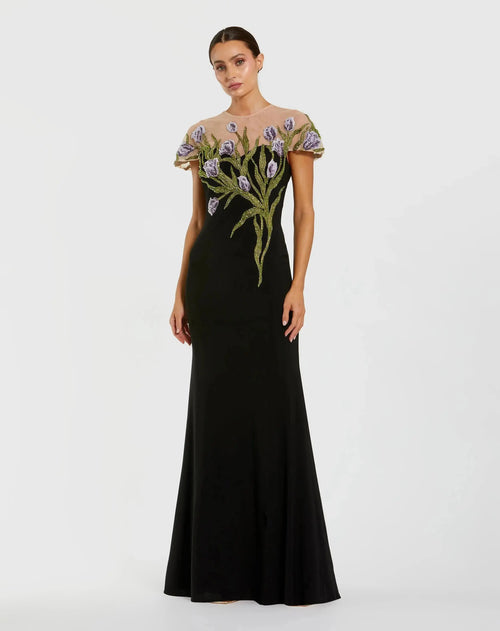Petite Black High Neck Floral Embroidered Jersey Gown