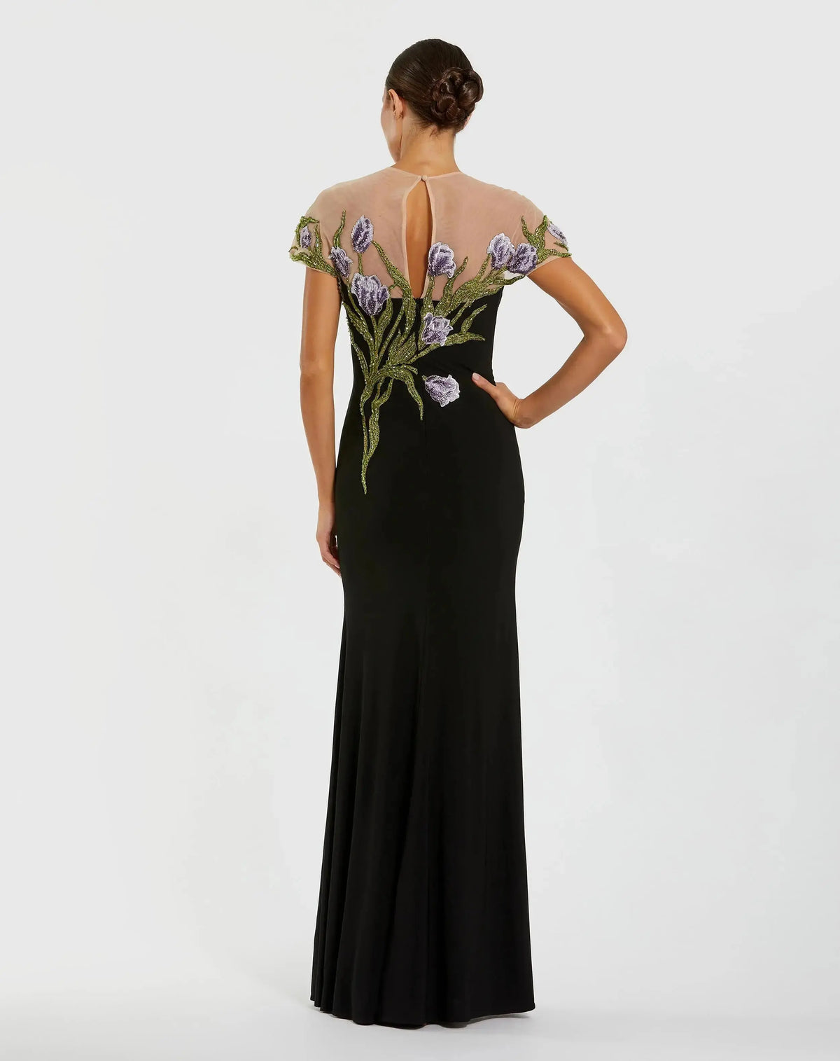Petite Black High Neck Floral Embroidered Jersey Gown