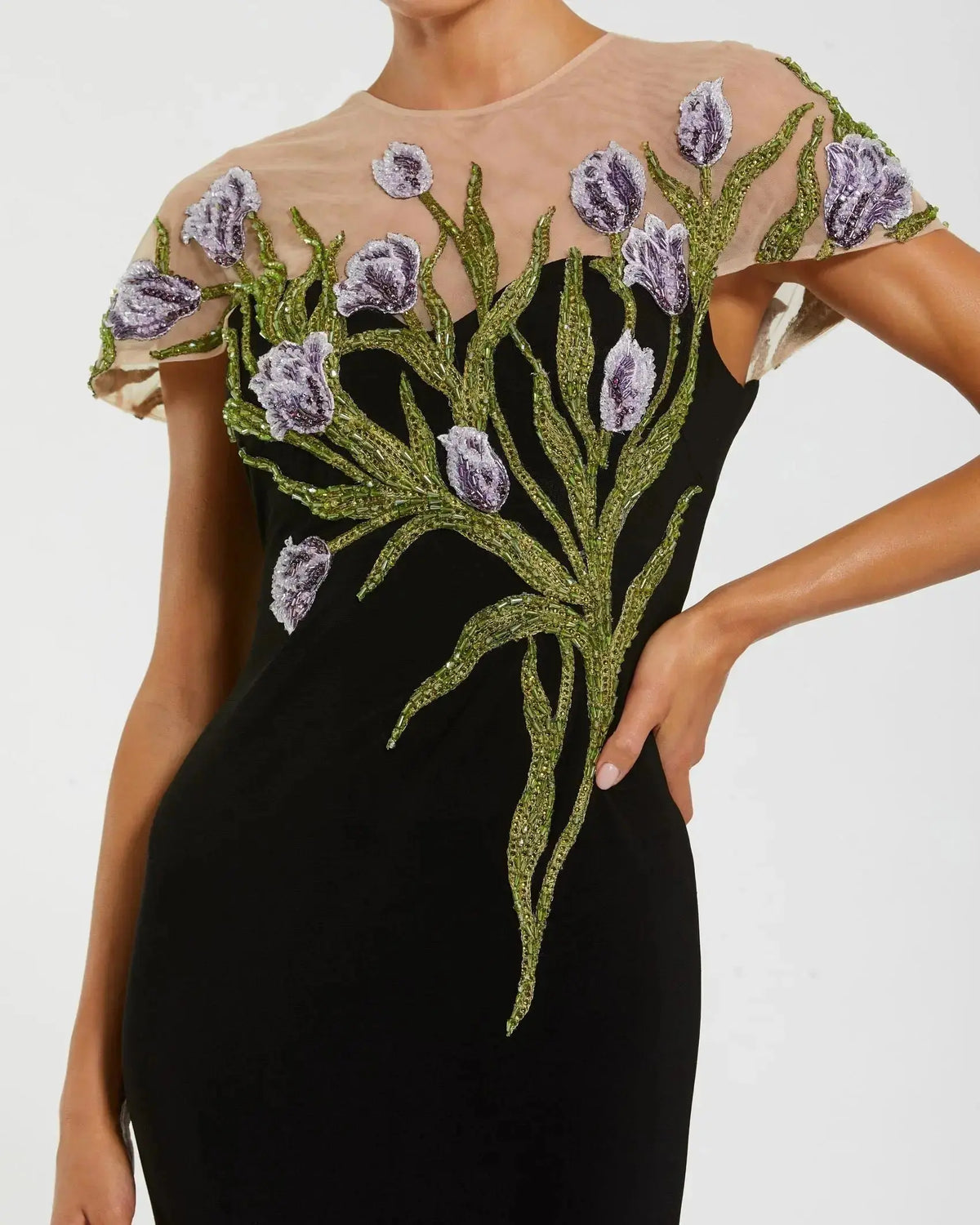 Petite Black High Neck Floral Embroidered Jersey Gown