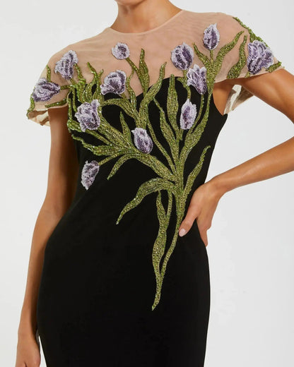 Petite Black High Neck Floral Embroidered Jersey Gown