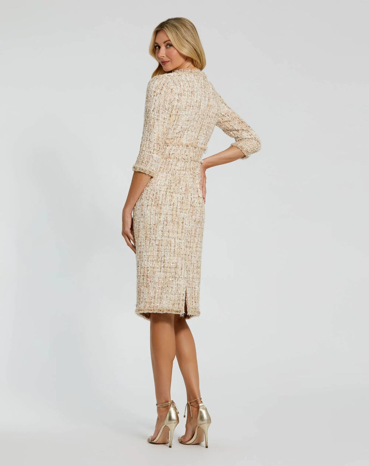 Petite Beige Beaded Trim Boucle Midi Dress with 3/4 Sleeves