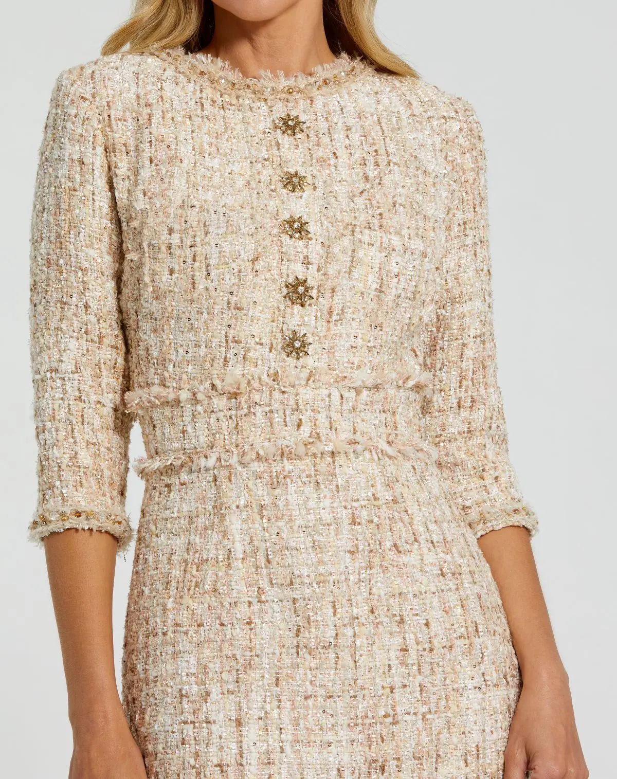 Petite Beige Beaded Trim Boucle Midi Dress with 3/4 Sleeves
