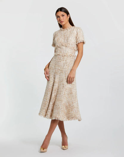 Beige Boucle Short Sleeve A Line Midi Dress