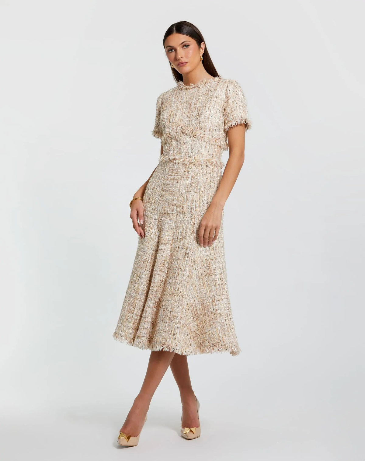 Petite Beige Boucle Short Sleeve A Line Midi Dress