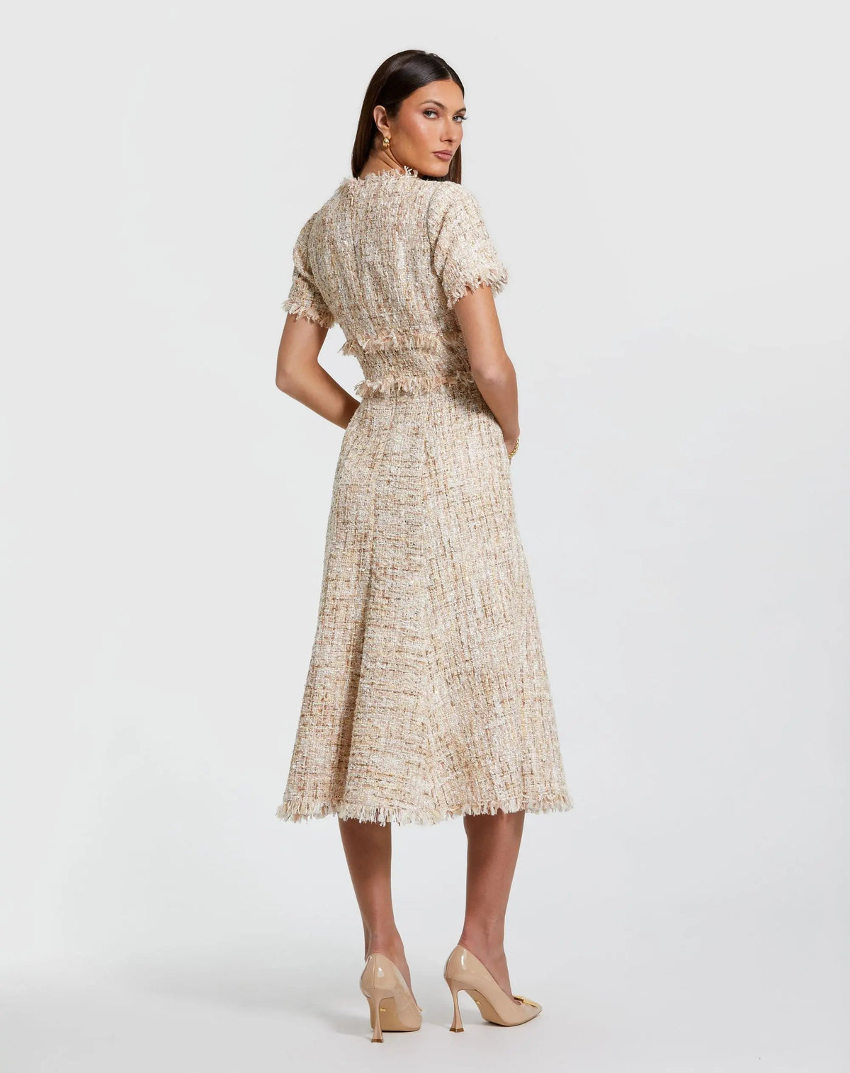 Petite Beige Boucle Short Sleeve A Line Midi Dress