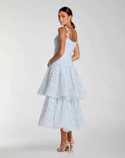 Petite Blue Sleeveless Embroidered Lace Tiered Midi Dress