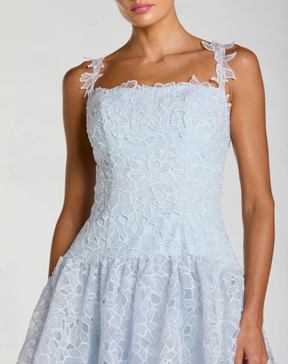 Petite Blue Sleeveless Embroidered Lace Tiered Midi Dress