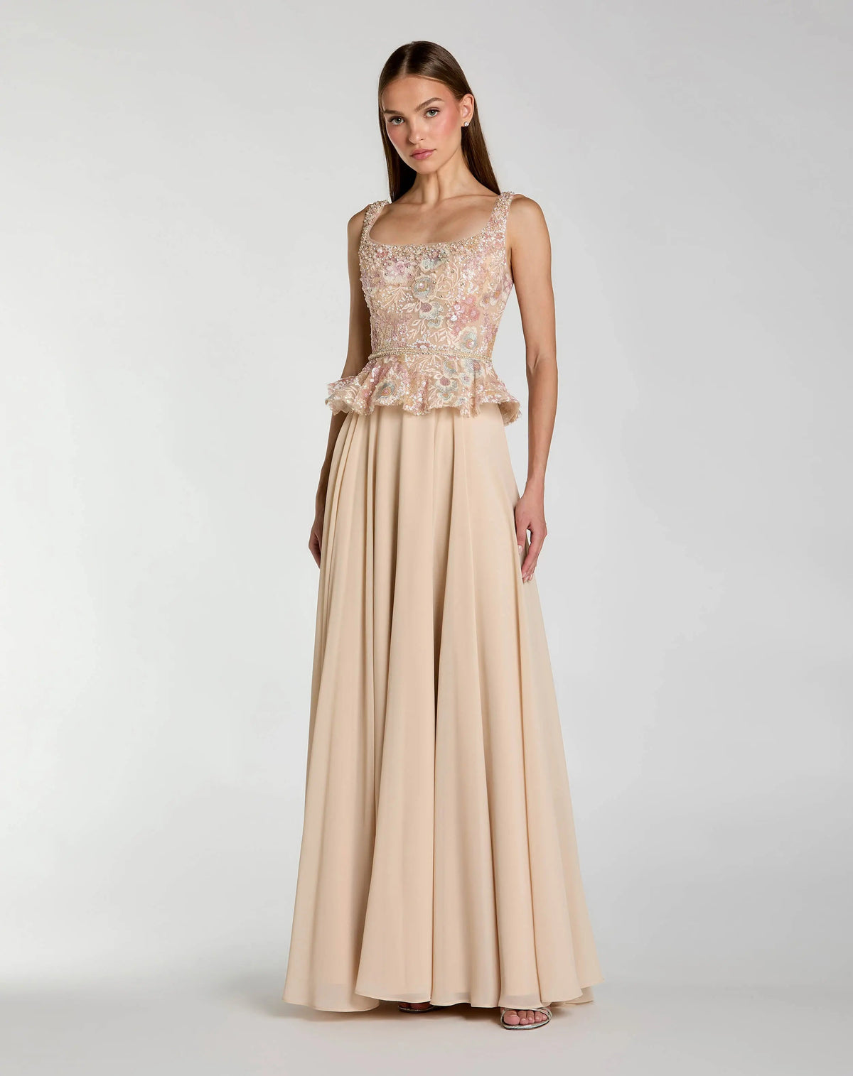 Petite Beige Embroidered Peplum Top With Chiffon Skirt Gown