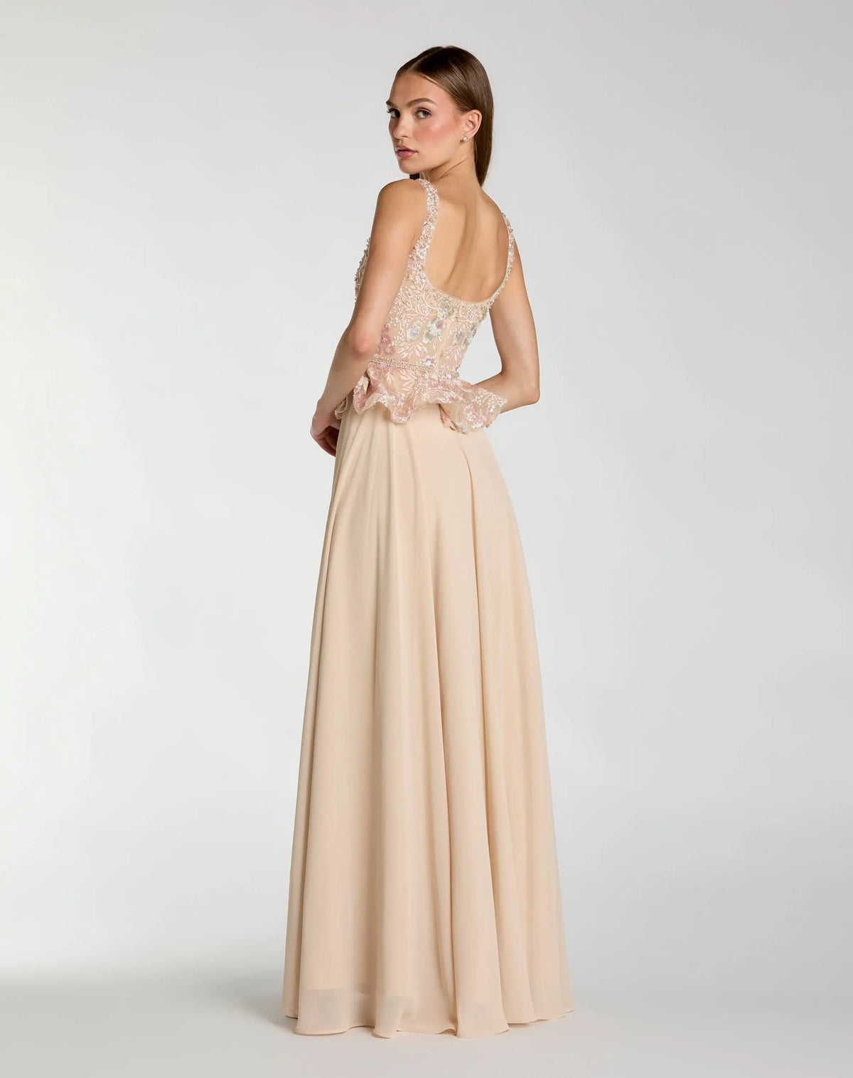 Petite Beige Embroidered Peplum Top With Chiffon Skirt Gown