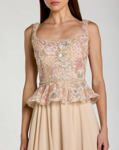 Petite Beige Embroidered Peplum Top With Chiffon Skirt Gown