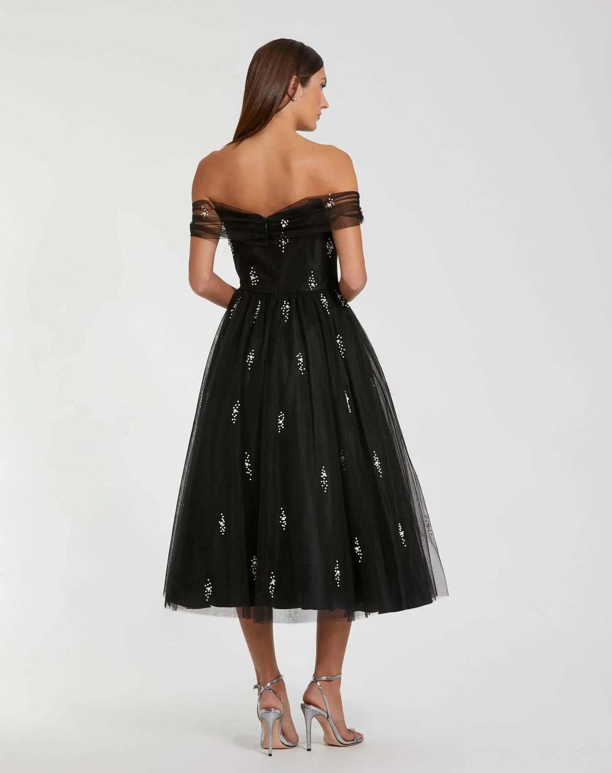 Petite Black Pearl Embellished Off The Shoulder A Line Dress