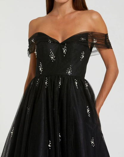 Petite Black Pearl Embellished Off The Shoulder A Line Dress