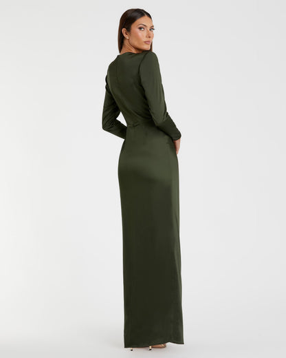 Petite Green Long Sleeve Satin Structured Bow Draped Column Gown