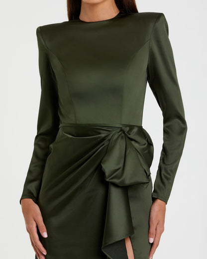 Petite Green Long Sleeve Satin Structured Bow Draped Column Gown