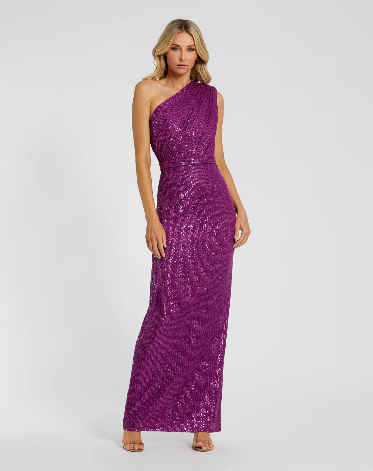 Petite Dark Purple Sequined Ruched One Shoulder Gown