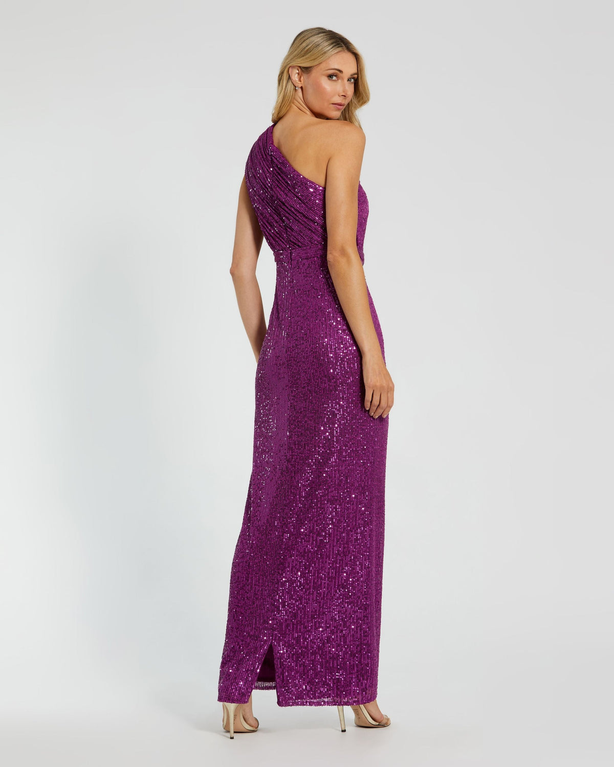 Petite Dark Purple Sequined Ruched One Shoulder Gown