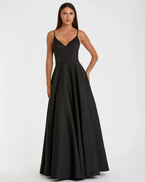 Petite Black Classic A-Line V-Neck Ball Gown