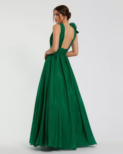Petite Emerald Green Ruffle Shoulder V-Neck Chiffon Gown