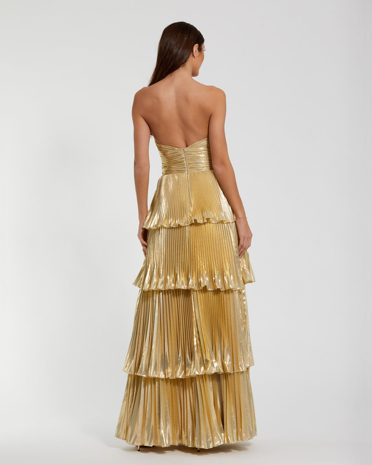 Petite Gold Strapless Pleated Metallic Layered Ruffle Gown