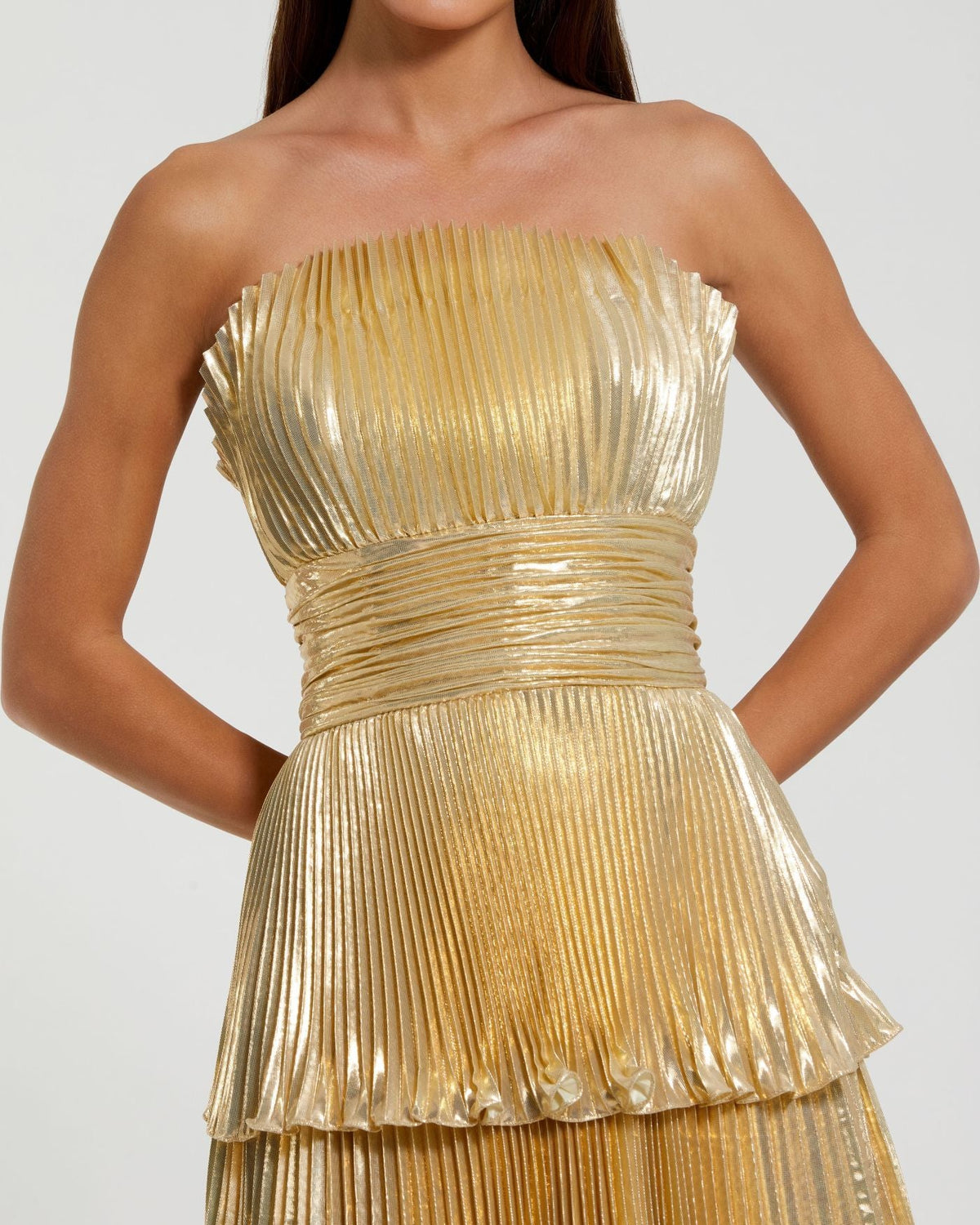 Petite Gold Strapless Pleated Metallic Layered Ruffle Gown