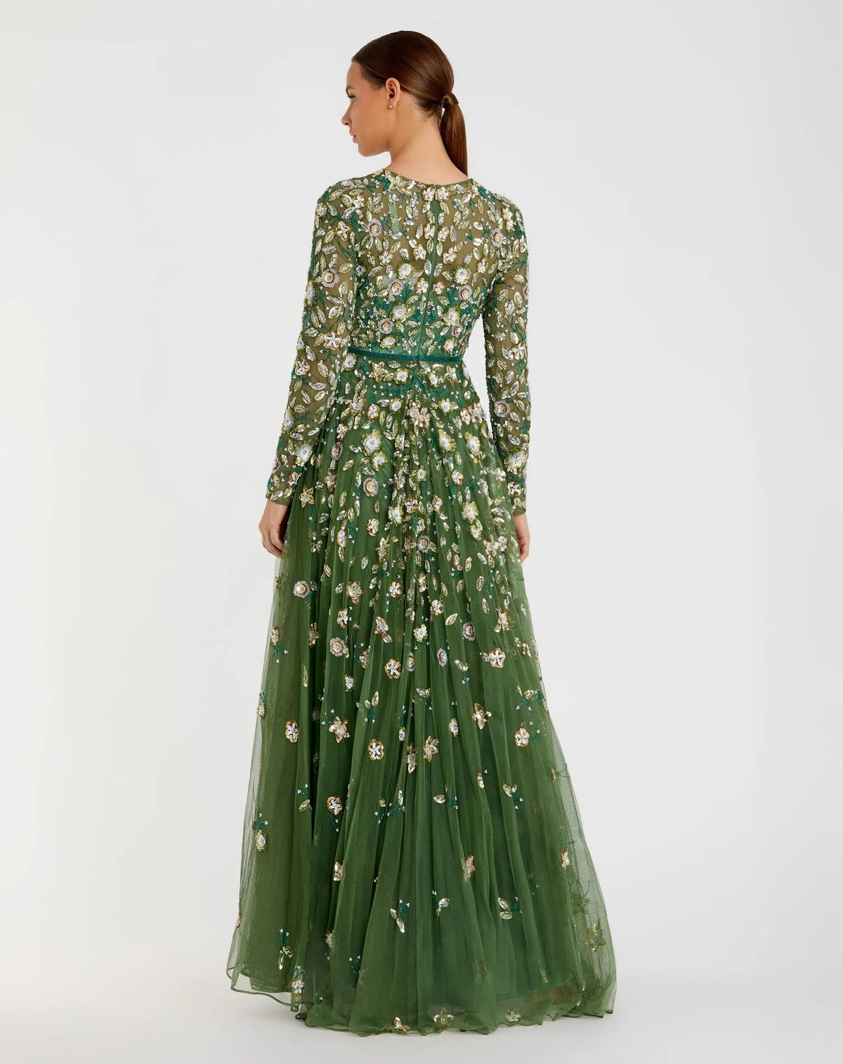 Petite Green Embellished High Neck Long Sleeve A Line Gown