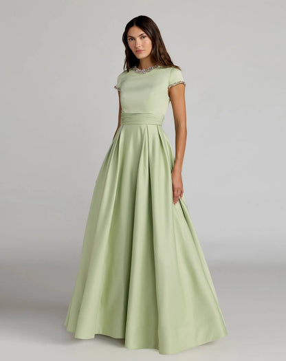 Petite Green Embellished Satin Cap Sleeve Ball Gown