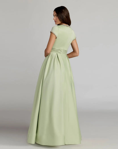 Petite Green Embellished Satin Cap Sleeve Ball Gown