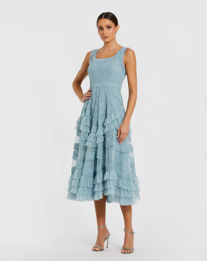 Petite Blue Scoop Neck Sleeveless Micro Ruffle Midi Dress