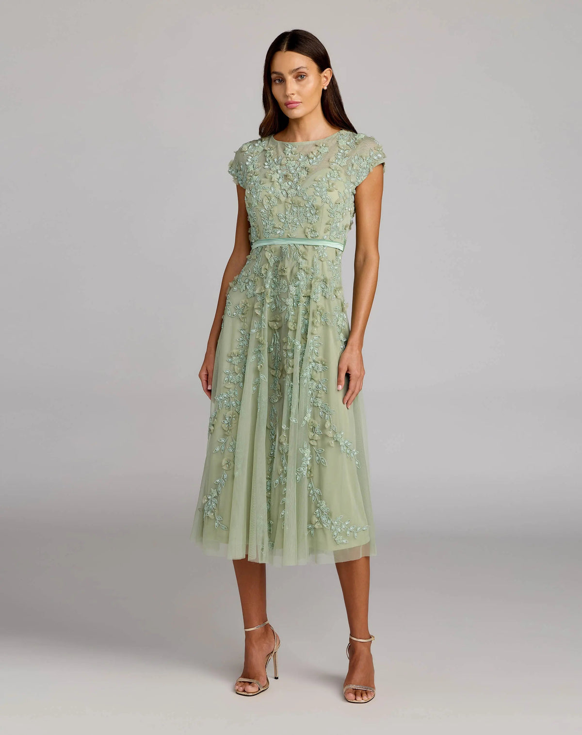 Floral Embellished Cap Sleeve Midi Dress
