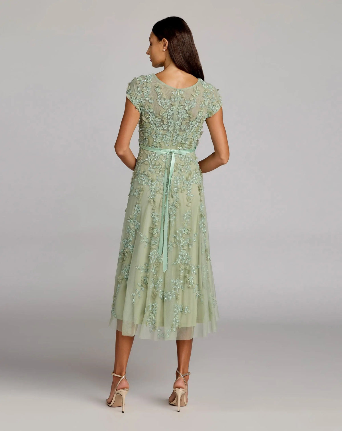 Petite Green Floral Embellished Cap Sleeve Midi Dress