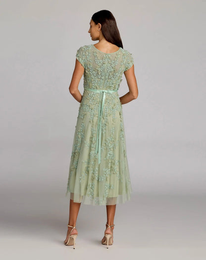 Petite Green Floral Embellished Cap Sleeve Midi Dress
