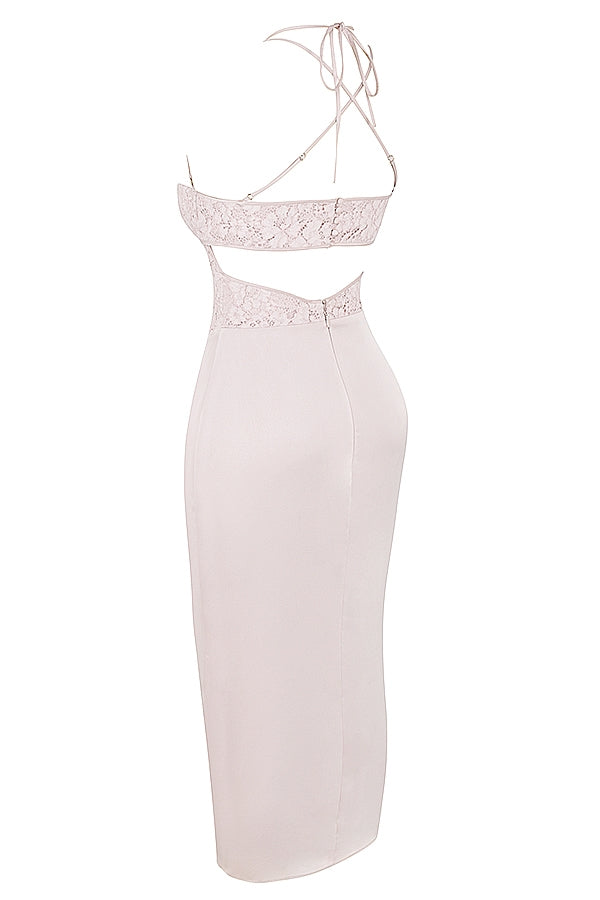 crystal satin and lace midi dress