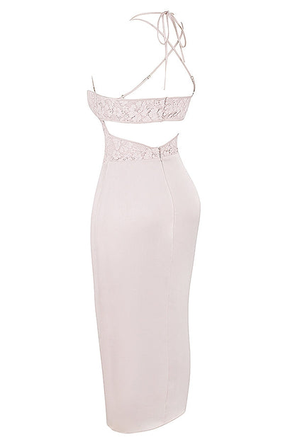 crystal satin and lace midi dress