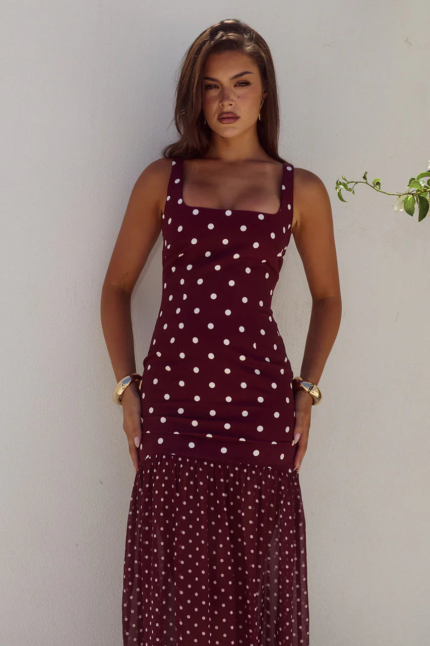 TILLIE SHEER BOTTOM MAXI DRESS - WINE/WHITE POLKA