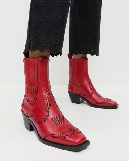 Agnes Red Leather Western Boot
