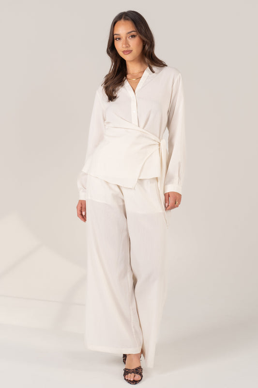 Aisling Two Piece Set - Waist Tie Button-Up Shirt & Wide-Leg Pants
