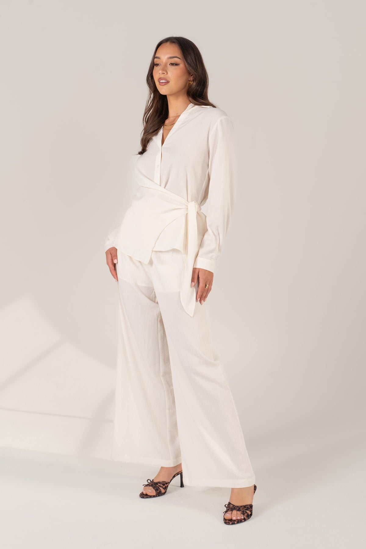 Aisling Two Piece Set - Waist Tie Button-Up Shirt & Wide-Leg Pants