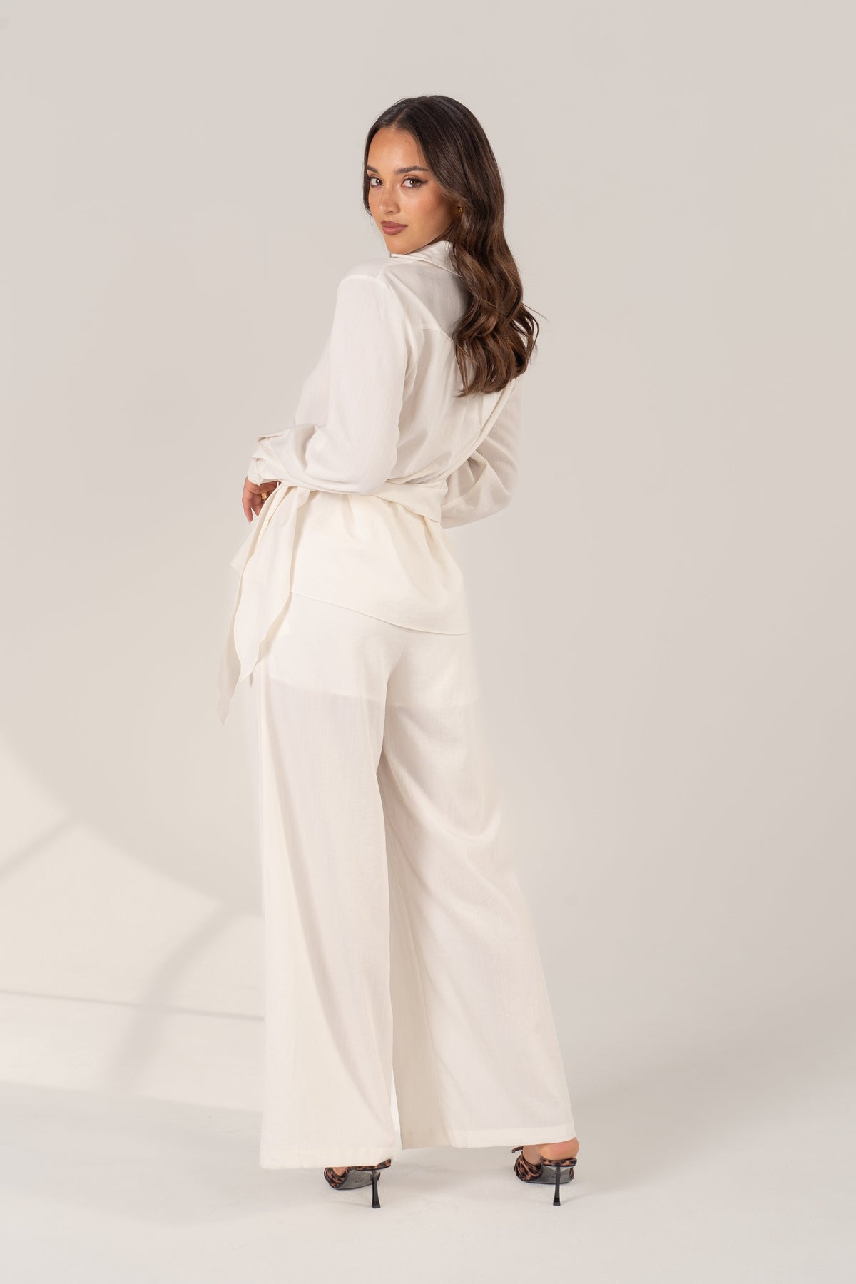 Aisling Two Piece Set - Waist Tie Button-Up Shirt & Wide-Leg Pants
